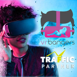 Graphic mashup with VRBangers and Traffic Partner Locos over stylized splashy image of a womn with VR Goggles.