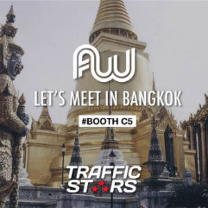Photo of a temple in bangkok with the Affiliate World Asia and TrafficStars logos.