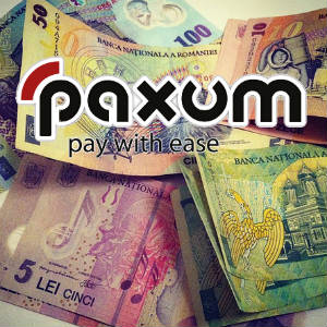 Picture of a messy pile of Romanian bank notes with the Paxum logo.