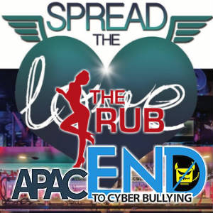 The Rub PR, APAC, EndCyberbullying and #SpreadTheLove logos mashed up.