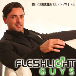 Publicity photo of Driller reclining on divan with the Fleshlight Guys logo superimposed.