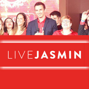 A photo of all the LiveJasmin award winners onstage, flagged top and bottom by the LiveJasmin logo.