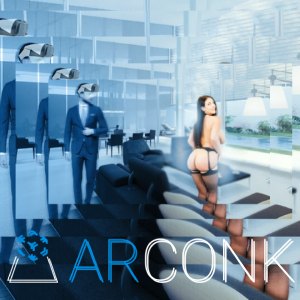 A graphic photo showing a holographically transluscent AR viewer and a hyper-real naked woman, with the ARConk logo at the bottom.