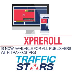 Graphic of stylized monitor and cel phone with the xPreroll announced and Trafficstars logo.