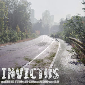 A still from Invictus, with two lonely figures walking away on a long deserted two-lane with in the distance what appears the skyline of a city, abandoned...