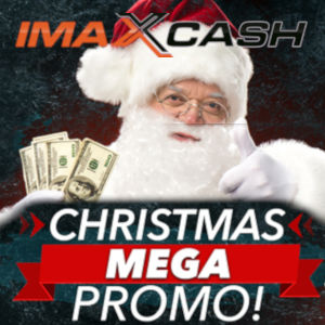The imaXcash logo appears above the head of a traditional Santa holding money with the mega promo splashed below hit upraised hands...