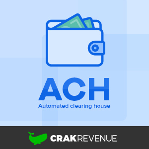 The CrakRevenue whale logo below a ACH and wallet icon.
