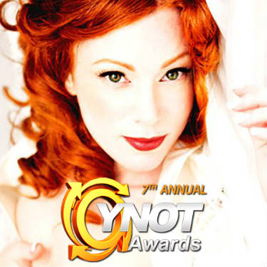 A close-up of firey-haired LittleRedBunny and YNOTAwards 2017 Logo.