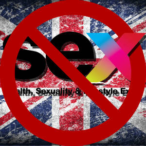 Graphic of Sexpo Logo "barred" against a dirty old Union Jack.