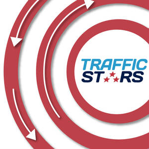 Circular traffic retargetting graphic with TrafficStars logo.