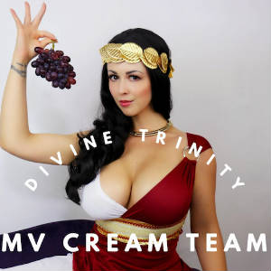 Photo of Larkin Love holding up grapes and sexily attired as a busty Dionysus.