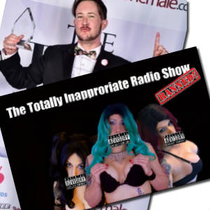 Picture-postcard ad for The Totally Inappropriate Radio Show featuring the hosts with parental advisory stickers over their mouths, covering a promo shot of Eddie Wood receiving an award.