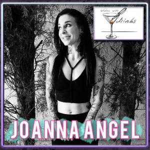 Black and White photo of Joanna Angel with her name highlighted and the Wrters... with Drinks logo.