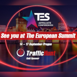 Stylized rendering of the Prague skyline with both the TES and TrafficHunt logos superimposed.