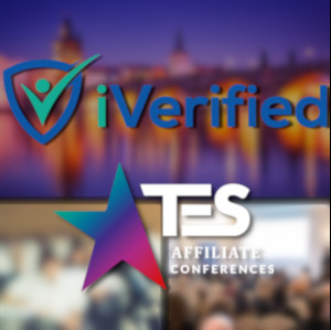 The iVerified and TES logos over a fuzzy Prague background...