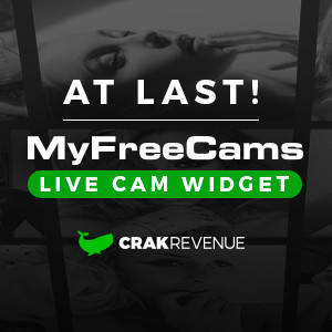 The Crakrevenue whale and MyFreeCams logos against a mysterious but sexy background.