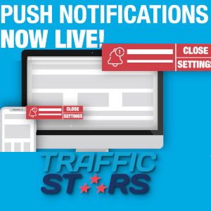 TrafficStars logo with graphic rendering of push notifications.