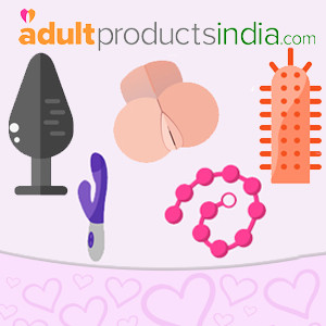 Graphic illustration with the AdultProductsIndia logo and neat icons for butt plugs, beads, vibrators and so on...