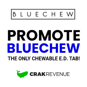 The CrakRevenue whale logo beneath the BlueChew logo. elegant.