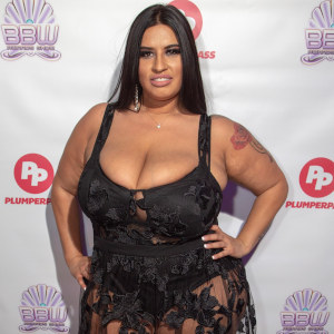 A photo of BBW model Sofia Rose on the red carpet at the BBW Awards Show, wearing a chest-emphasizing, leg-exposing black dress.