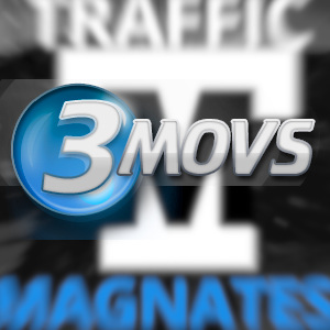 Logo mashup with 3Movs sharp in the foreground and Traffic Magnates zoomed out of focus in the background.
