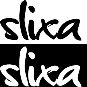 The Slixa logo, white on black below the same thing, but black on white.