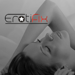 A detail from the Erotifix site, featuring a black and white photo of a sexy woman in closeup reclining with her eyes closed below the site logo.