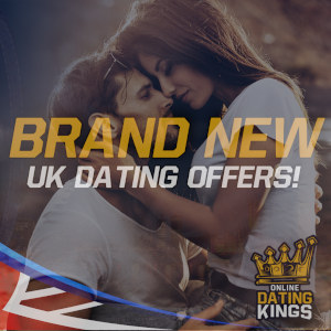 A man and a woman embrace in the background of the UK Dating Offers with a British flag in the lower left and the Dating Kings logo on the right.