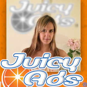 A photo of Laura Cebrian with the JuicyAds logo, out of focus in black and white in the background, and in full colour in the foreground.