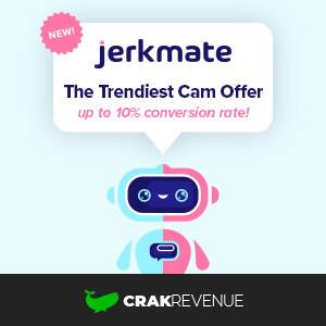 Cute graphical robot with the jermate logo in a speech bubble above its head, with the CrakRevenue whale logo below.