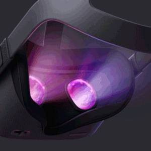A stylized simulation of a pair of Oculus Quest goggles glowing purple from their lenses.