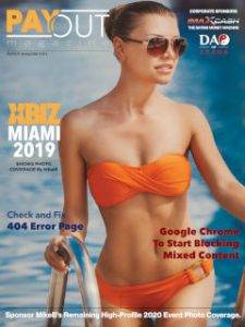 Cover of Payout Magazine Volume 10.01 feauring babe in sunglasses and a strapless orange bikini.