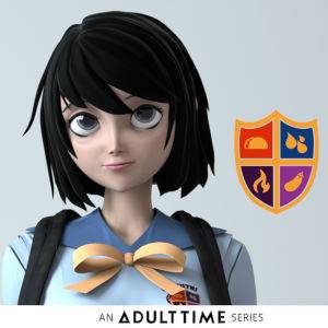 A anime-style character appearing to be an innocuous student type beside the school crest for Hentai Sex School.