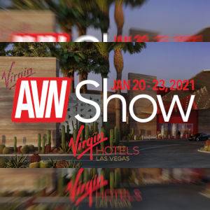 The AVN Show logo over a photo of the new Virgin hotel in Las Vegas.
