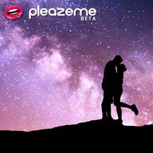A photo of a couple embracing in silhouette against a purple-tinged star-clustered sky, with the PleazeMe logo in he upper left corner.
