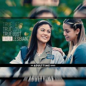 Promo image of True Lesbians, featuring two fully clothed pretty young women wearing the Church of Latter Day Saints badge.